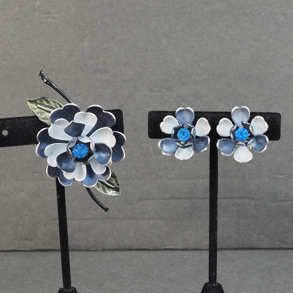 Coro Brooch Earrings Demi Parure Flower Enamel Blue Rhinestone Vintage Estate